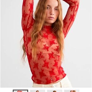 Free People Red Sheer Long Sleeve Blouse